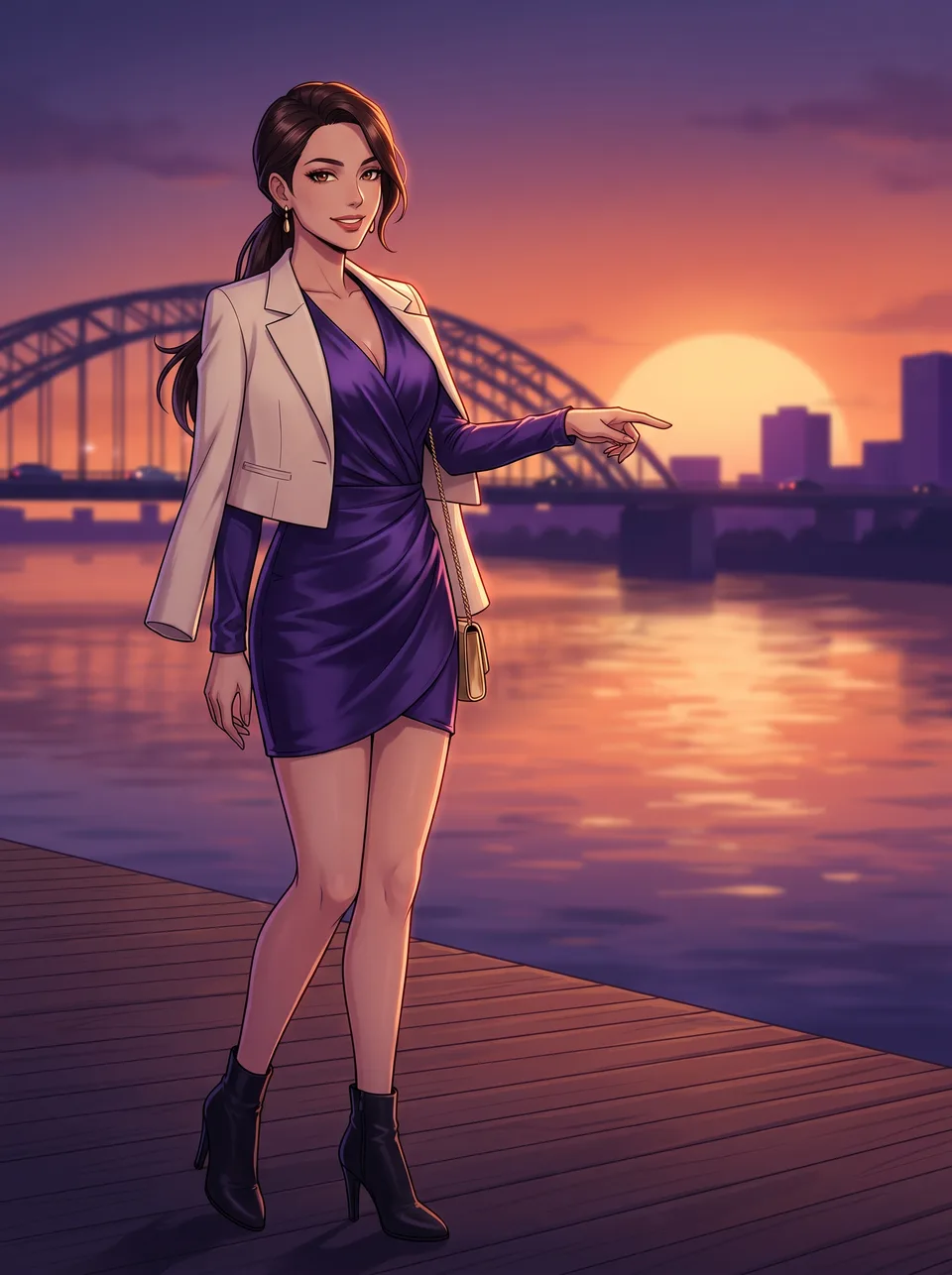 A woman on a riverside boardwalk at sunset, pointing
