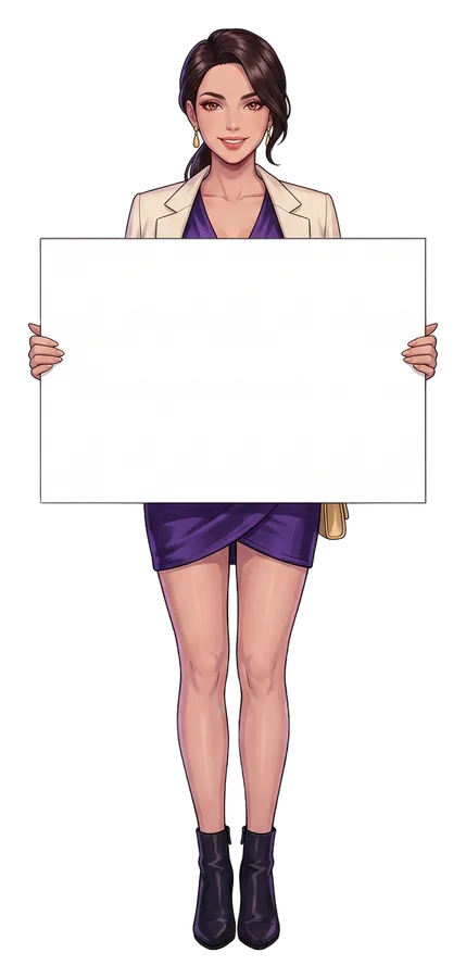 A woman holding a sign: Open 24/7, every day of the year