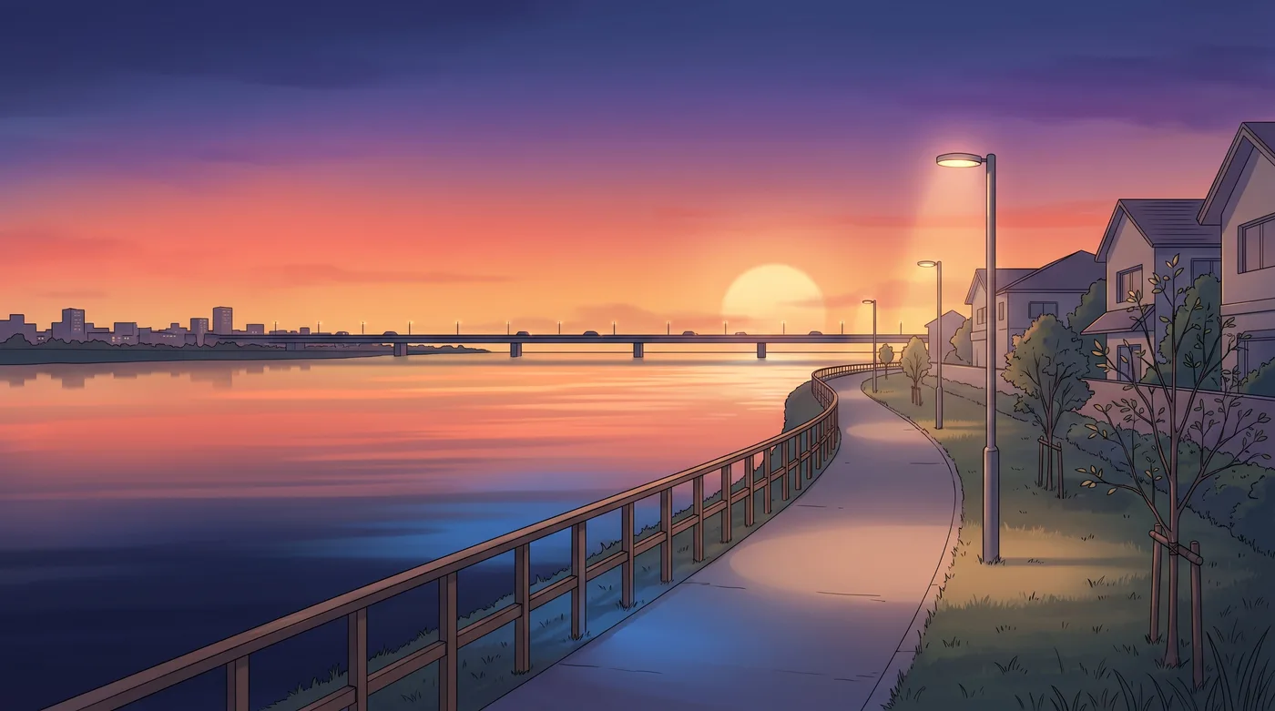 Riverside path with street lamps along a river at dusk