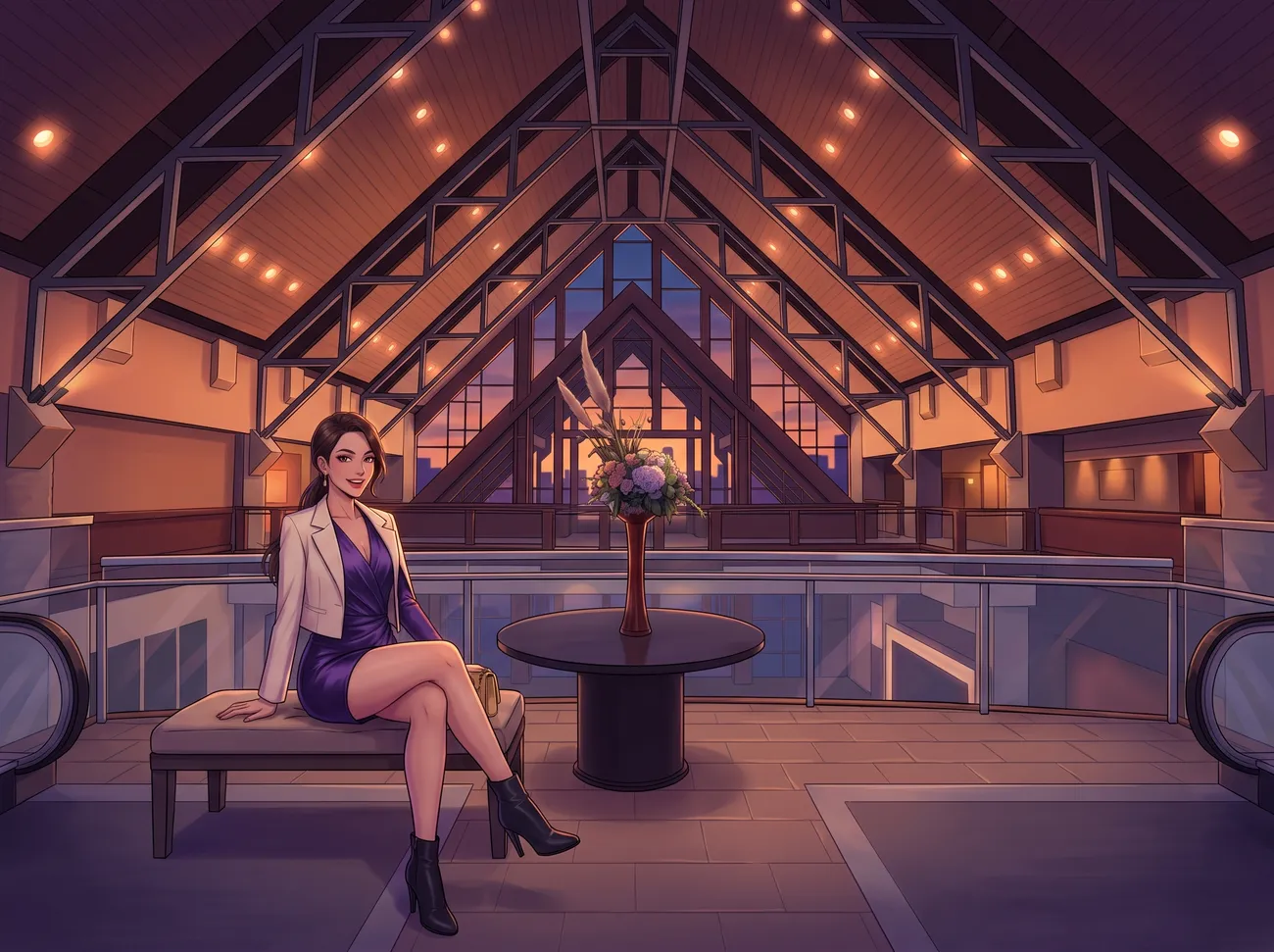 Woman on a bench in the River Rock atrium