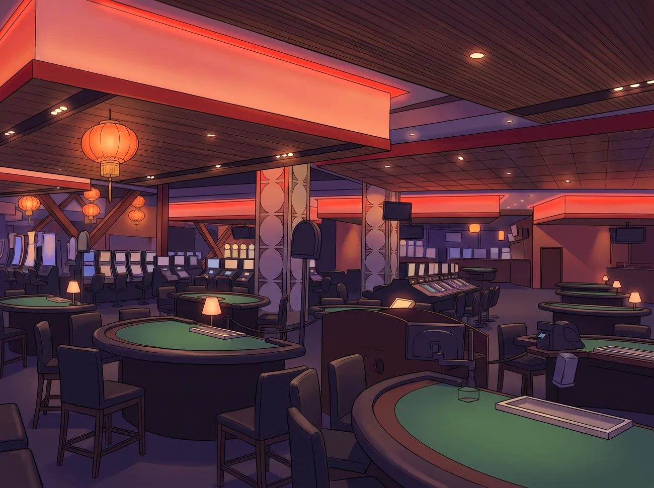 Empty table under red lights at Starlight Casino